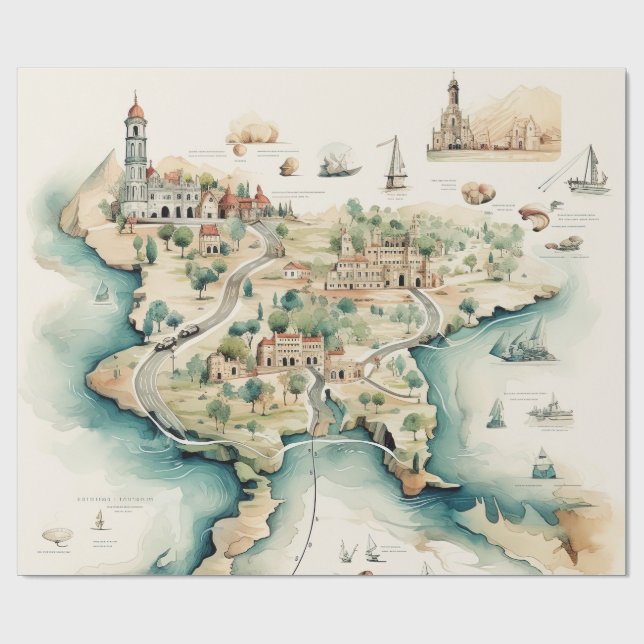Papel De Presente Mapa de Viagens em Aquarela (Aberto)