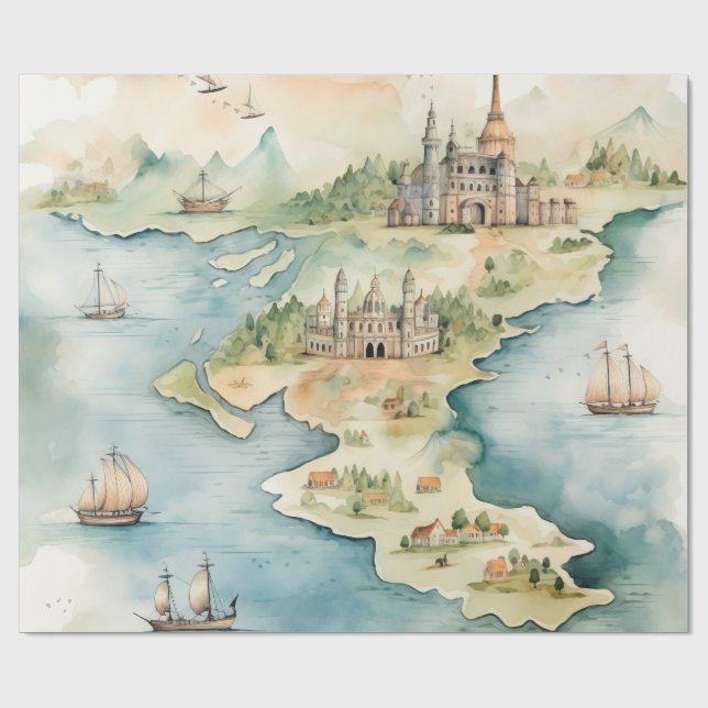 Papel De Presente Mapa de Viagens em Aquarela (Aberto)