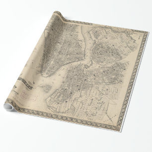 Papel De Presente Mapa de Vintage de NYC e Brooklyn (1855)
