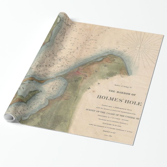 Papel De Presente Mapa de Vintage Martha's Vineyard Holmes Hole (184 (Desenrolado)