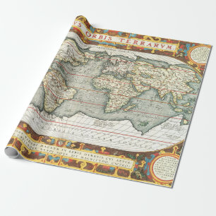 Papel De Presente Mapa do Mundo Vintage de Abraham Ortelius 1587-159