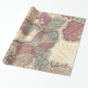 Papel De Presente Mapa do vintage de Boston Massachusetts (1871)