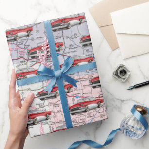 Papel De Presente Mapa EUA e Carro Antigo