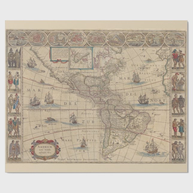 Papel De Presente Mapa histórico dos continentes americanos (Aberto)