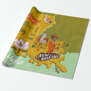 Papel De Presente Mapa ilustrado da Louisiana, EUA. Viagem e attr