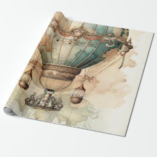 Papel De Presente Mapa Mundi Explorador de Dirigível Azul Antigo