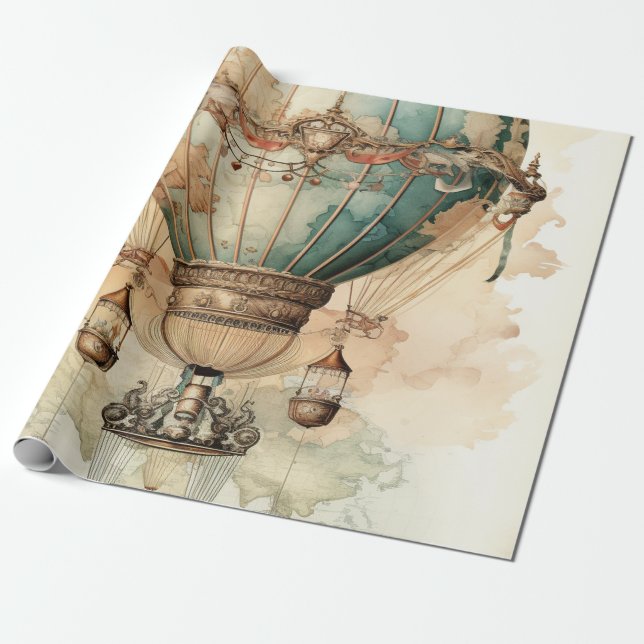 Papel De Presente Mapa Mundi Explorador de Dirigível Azul Antigo (Desenrolado)