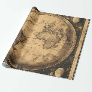 Papel De Presente Mapa Mundial Antigo Sepia Gravura Vintage