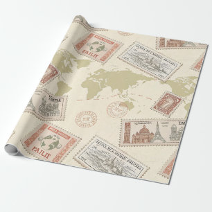 Papel De Presente Mapa Mundial de Selos Postais Antigos Viagens