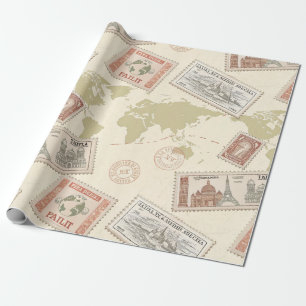 Papel De Presente Mapa Mundial de Selos Postais Vintage Viagem (1)