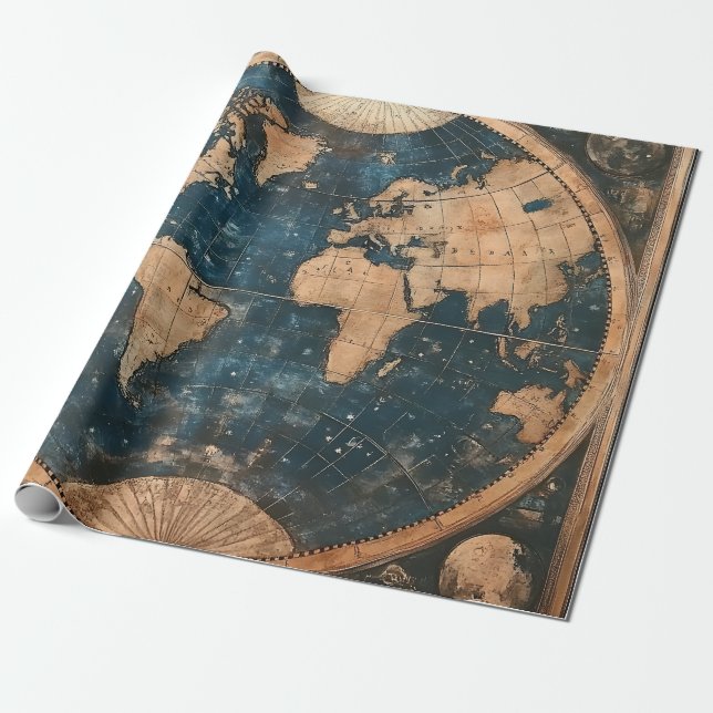 Papel De Presente Mapa Mundial do Azul e Dourado do Hemisfério Duplo (Desenrolado)