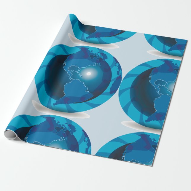Papel De Presente Mapa Mundial do Globo Terrestre Azul Moderno (Desenrolado)