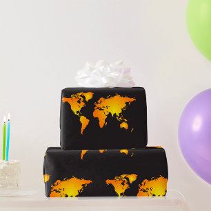 Papel De Presente Mapa Mundial Radiante em Laranja e Amarelo