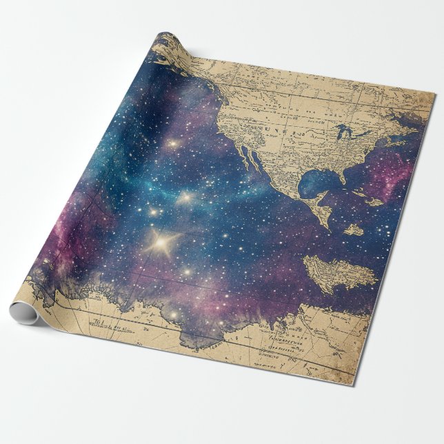Papel De Presente Mapa Mundial Vintage Celestial (6) (Desenrolado)