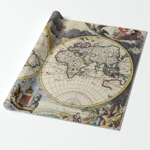 Papel De Presente Mapa Mundial Vintage com os Quatro Elementos Mitol