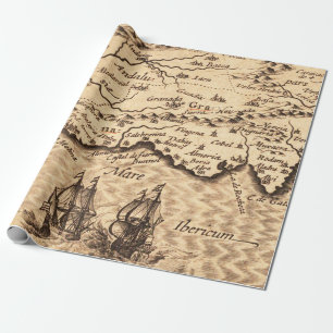 Papel De Presente Mapa Vintage da Costa Espanhola com Galeões de Nav