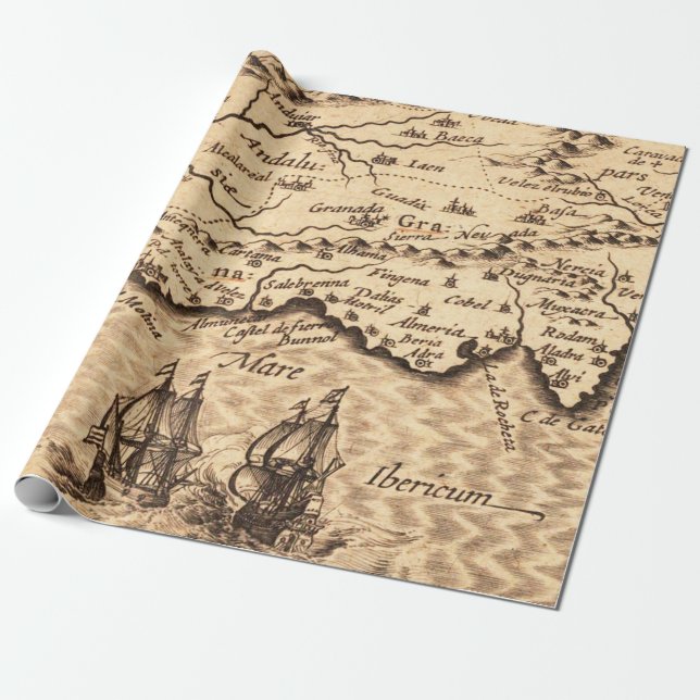 Papel De Presente Mapa Vintage da Costa Espanhola com Galeões de Nav (Desenrolado)