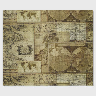 Papel De Presente Mapas antigos do mundo vintage Padrão de mapas ant