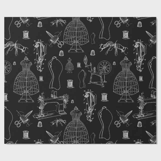 Papel De Presente máquina antiquada de costura victoriana preta (Aberto)
