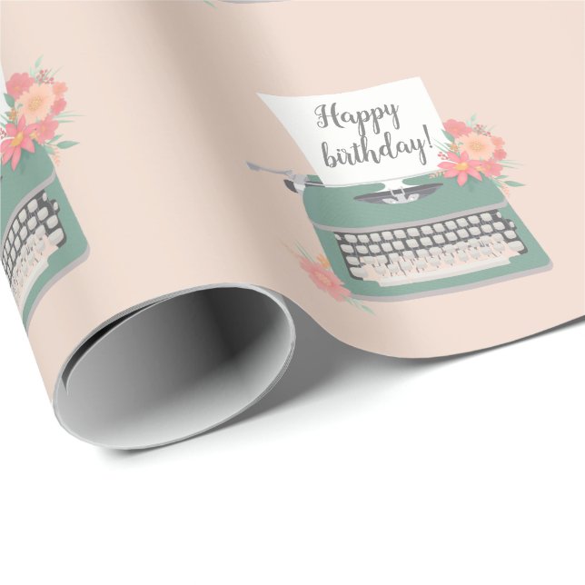 Papel De Presente Máquina de escrever retrorativa e flores e papel p (Ponta do rolo)