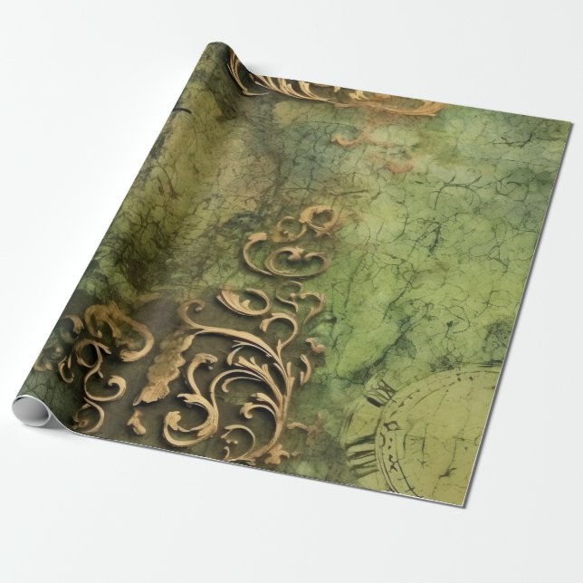Papel De Presente Maquinaria Steampunk Esmeralda Rústica (Desenrolado)