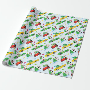 Papel De Presente Máquinas com árvores e pinguins de Natal