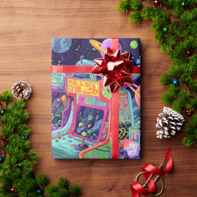 Papel De Presente Máquinas de Arcade Retrô no Espaço (Presente de Natal)