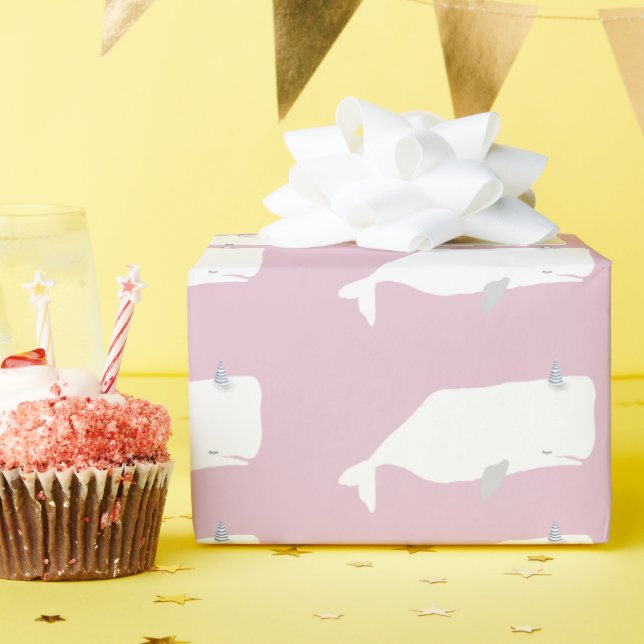 Papel De Presente Mar de Baleia Branca Cura Oceano Dusty Rosa (Festa de aniversário)