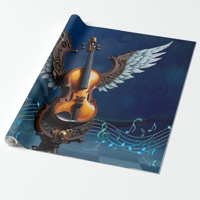 Papel De Presente Maravilhoso violino elegante com asas. (Desenrolado)