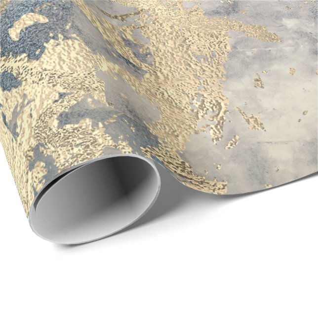 Papel De Presente Marble Champaigne Cinza Dourada Traço de metal azu (Ponta do rolo)
