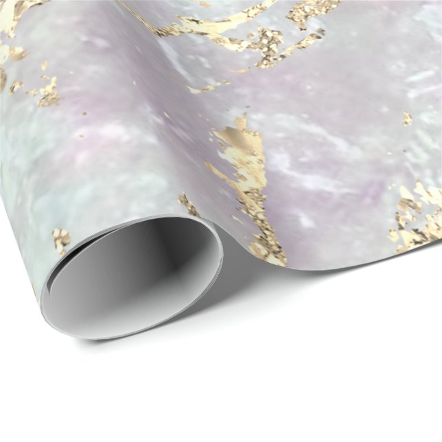 Papel De Presente Marble Pastel Dourado Traços Azuis Ideia de Presen (Ponta do rolo)
