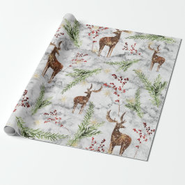 Papel De Presente Marble Reindeer Berries, Elegante, Natal
