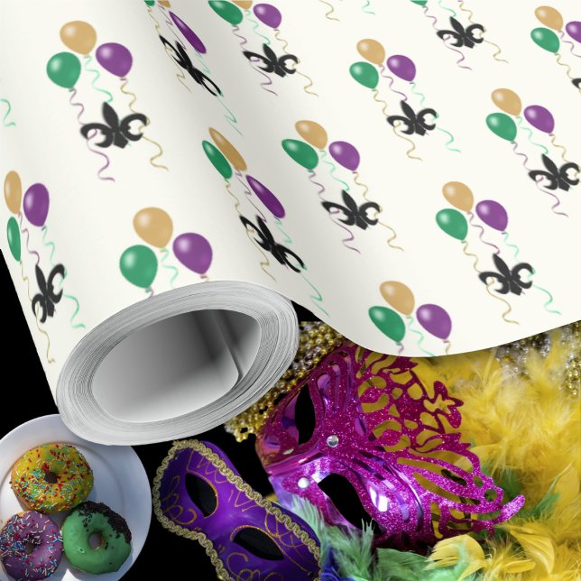 Papel De Presente Mardi Gras Black FleurDeLis com balões na Costa do (Mardi Gras Black FleurDeLis with Balloons on Ivory Wrapping Paper by Leapfroglisics Shop)
