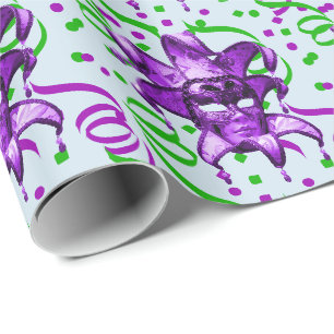 Papel De Presente Mardi Gras Carnaval - Máscara Roxa Com Confetti