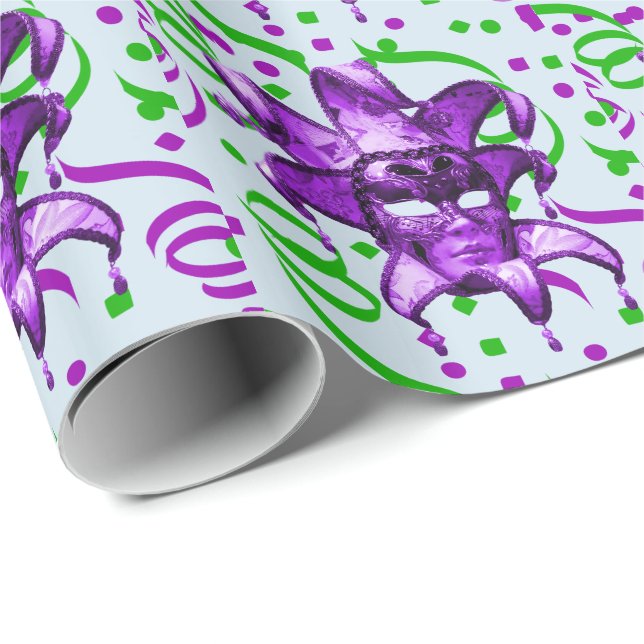 Papel De Presente Mardi Gras Carnaval - Máscara Roxa Com Confetti (Ponta do rolo)