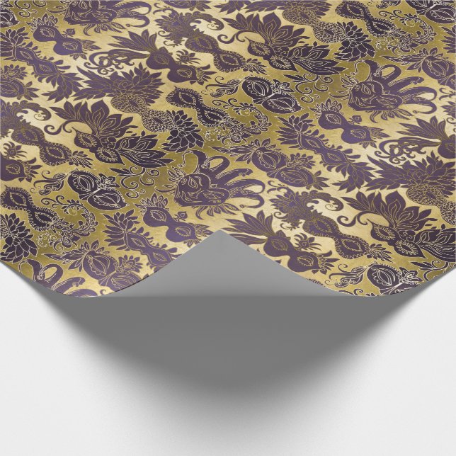 Papel De Presente Mardi Gras Dourado e Roxo Máscaras (Ponta)