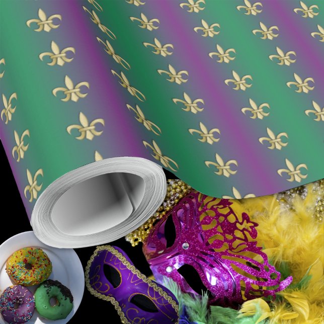 Papel De Presente Mardi Gras Dourado Fleur-De-Lis em Roxo e Verde (Mardi Gras Gold Fleur-De-Lis on Purple and Green Wrapping Paper Roll by Leapfroglisics Shop)