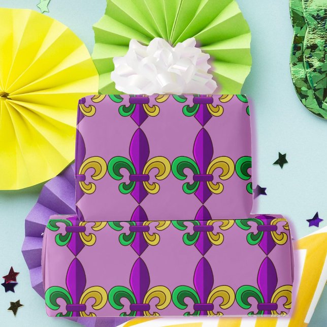 Papel De Presente Mardi Gras Fleur de Lis Carnaval Purple Green Gift (Criador carregado)