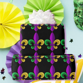 Papel De Presente Mardi Gras Fleur de Lis Carnaval Purple Green Gift