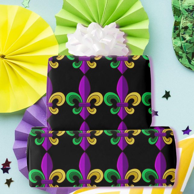 Papel De Presente Mardi Gras Fleur de Lis Carnaval Purple Green Gift (Criador carregado)