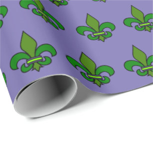 Papel De Presente Mardi Gras Fleur de Lis Purple e Green Gift Wrap