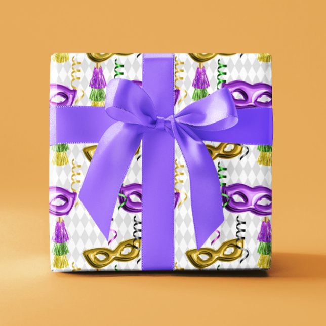 Papel De Presente Mardi Gras Máscara Verde Roxo Dourado Amarelo (Criador carregado)