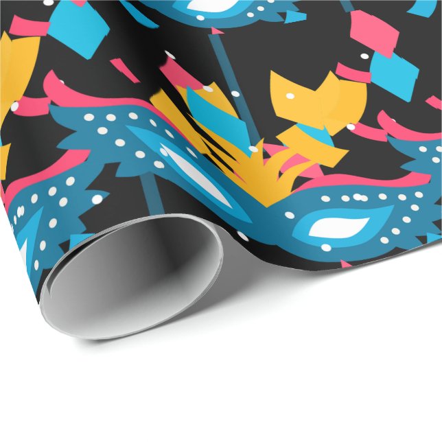 Papel De Presente Mardi Gras Mask E Confetti Em Preto (Ponta do rolo)