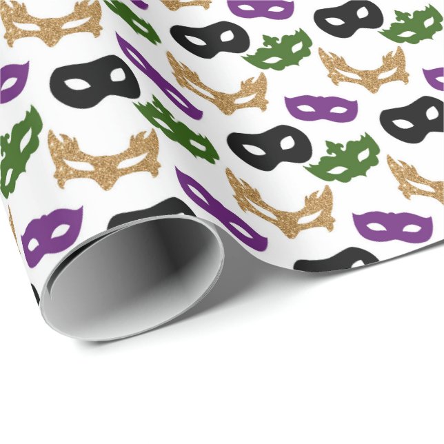 Papel De Presente Mardi Gras Mask Purple Green Faux Dourado Black (Ponta do rolo)