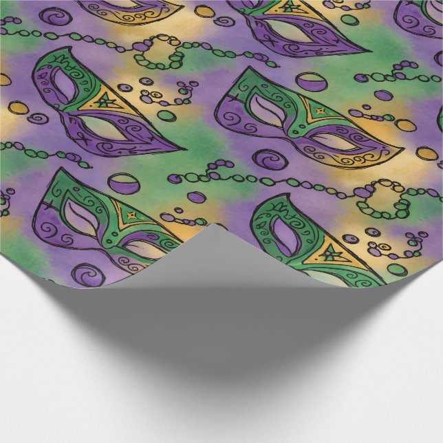 Papel De Presente Mardi Gras Masks and Beads Purple Green Yellow (Ponta)
