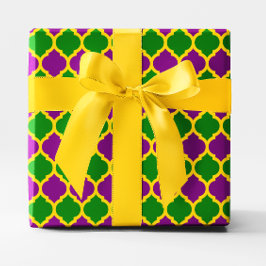 Papel De Presente Mardi Gras Quatrefoil Dourado Verde e Roxo