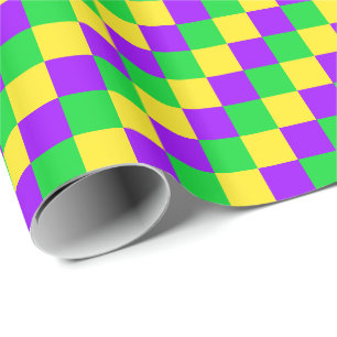 Papel De Presente Mardi Gras Verde, Amarelo, Xadrez Roxo