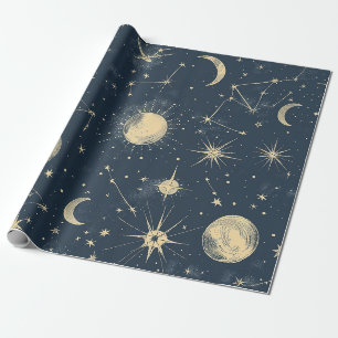 Papel De Presente Marfim Antigo Mapa Celestial da Lua Estrela Azul-M