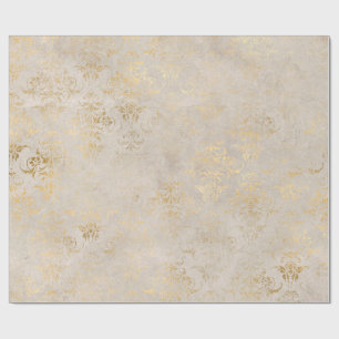 Papel De Presente Marfim e Dourado Grunge Damask Vintage