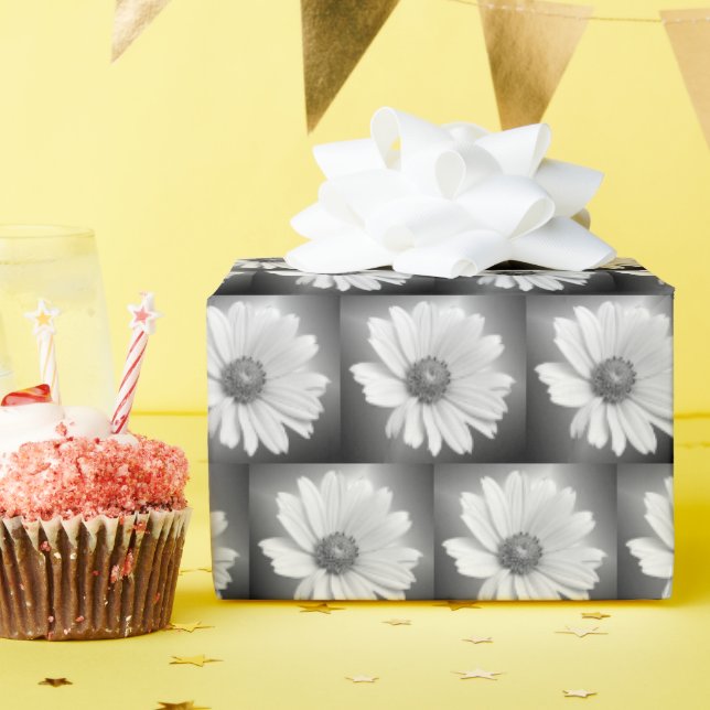 Papel De Presente margarida branca brilhando em preto (Festa de aniversário)